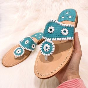 NEW Jack Rogers Flat Leather Sandal teal + white